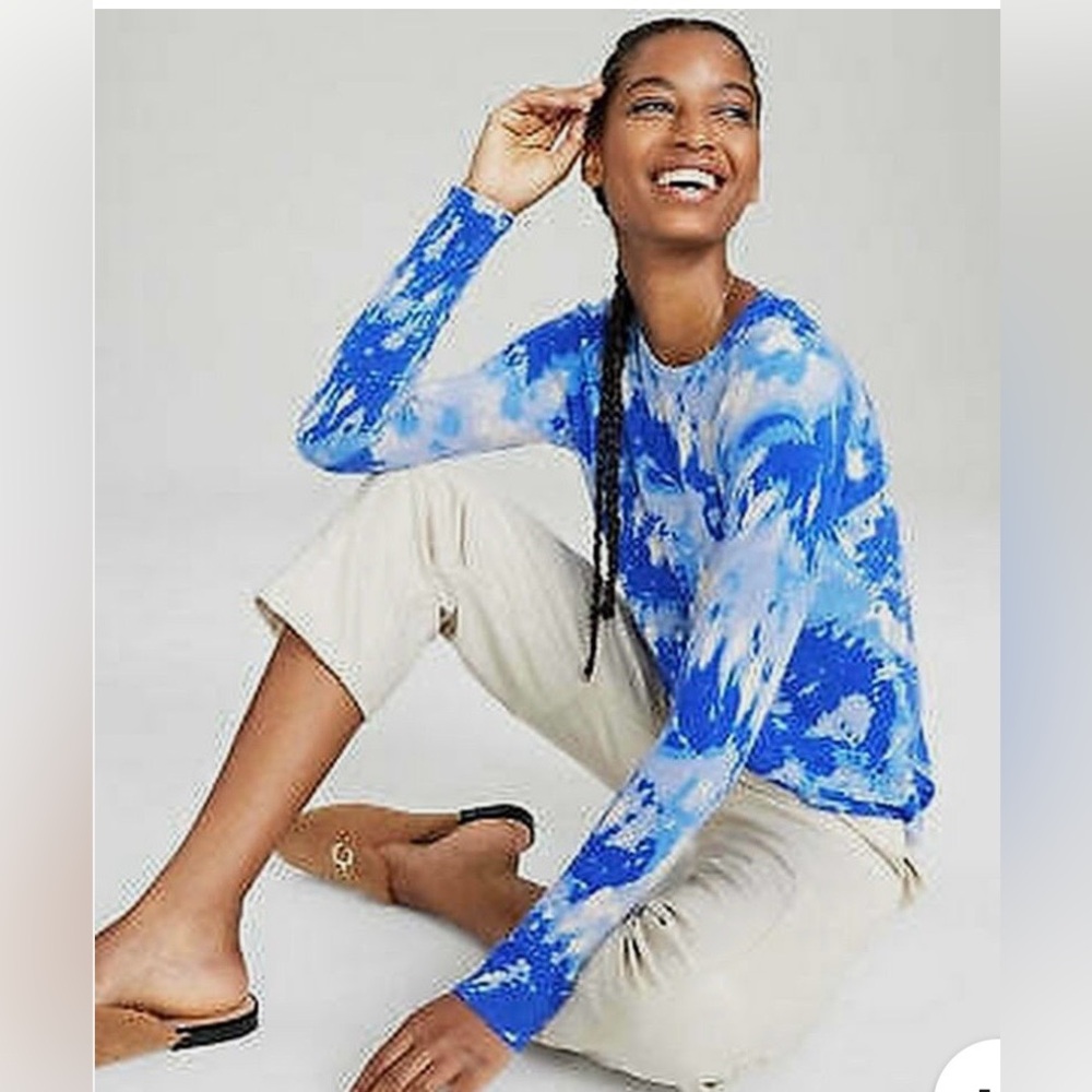 Charter Club 100% Cashmere Blue White Tie-Dye Long Sleeve Sweater NWT Sz M